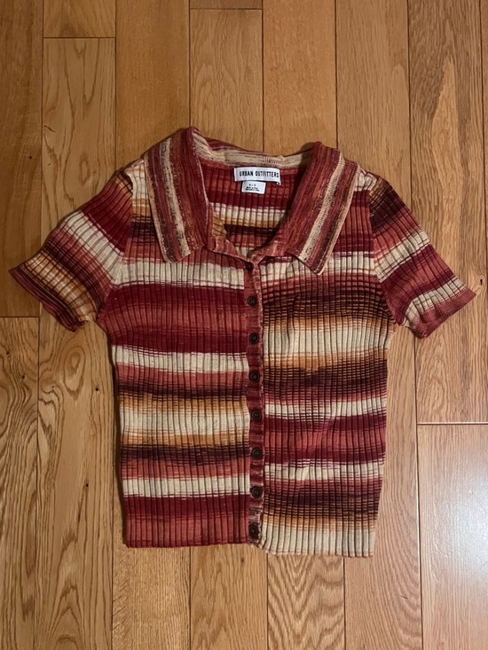 Urban Outfitters Tops - Urban Outfitters Red, Cream & Brown Striped Ribbed Button-Up Top